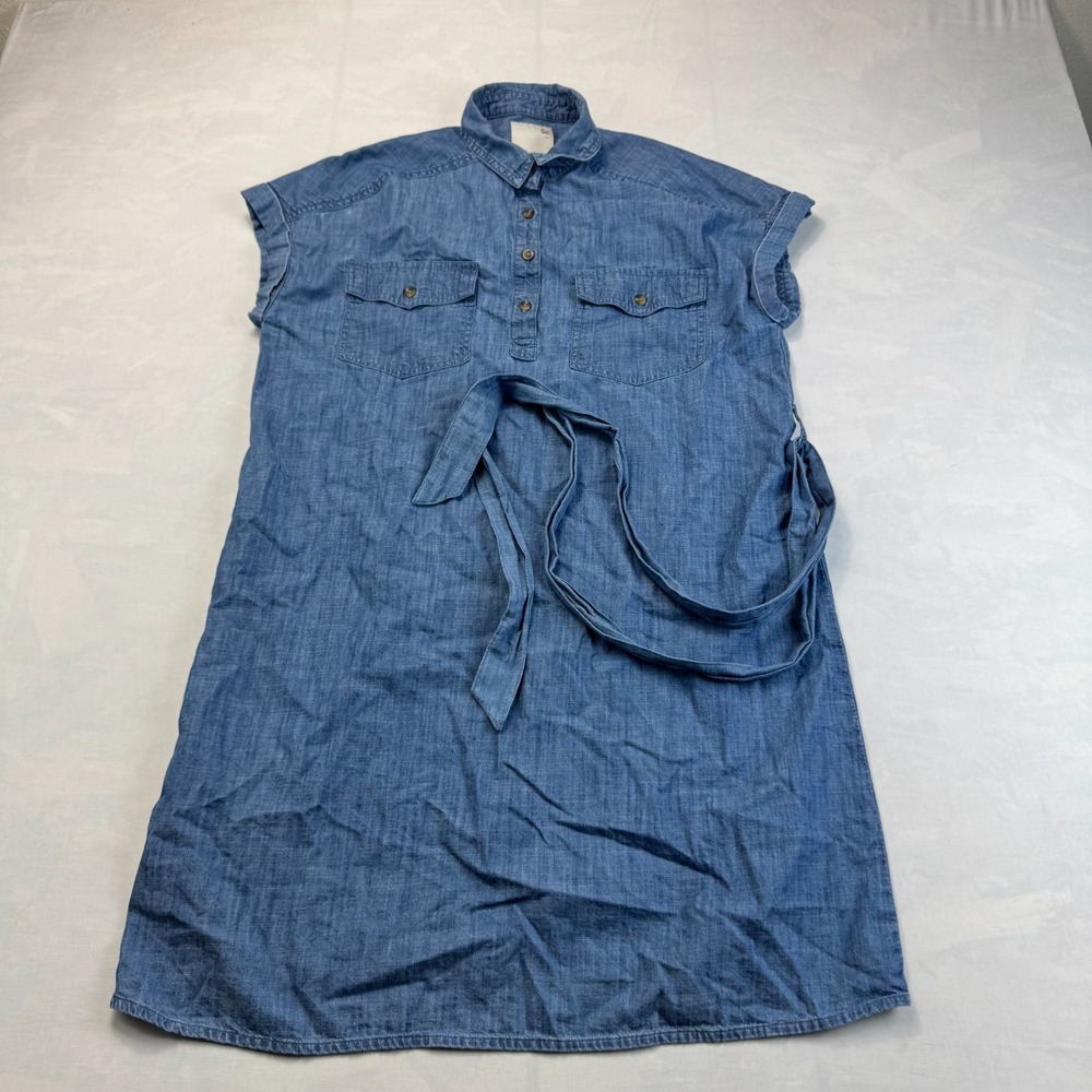 So Shirt Dress Womens M Blue Chambray Short Sleeve Collared Popover Tie Waist